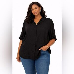 Lefties Womens XL Black Viscose Roll Tab Sleeve Button Down Relaxed Shirt Top